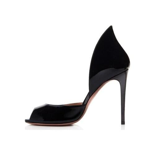 Women Elegant Black Red Patent Leather Peep Toe Pumps Sexy Banquet Shoes Slip On High Thin Heel Dress Shoes Plus Size