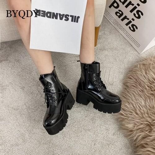 BYQDY Size 35-41 Soft Leather Autumn Boots For Girls Lace-up Round Head Chunky Platform Thick Sole Working Boots Solid Black