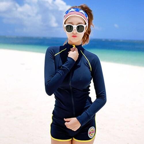 Womens 3-piece Set Rash Guards Swimsuit Sun Protection Swimwear Rashguard Navy Front Zip Long Sleeve Shirt+Bra+Shorts Beachsuit