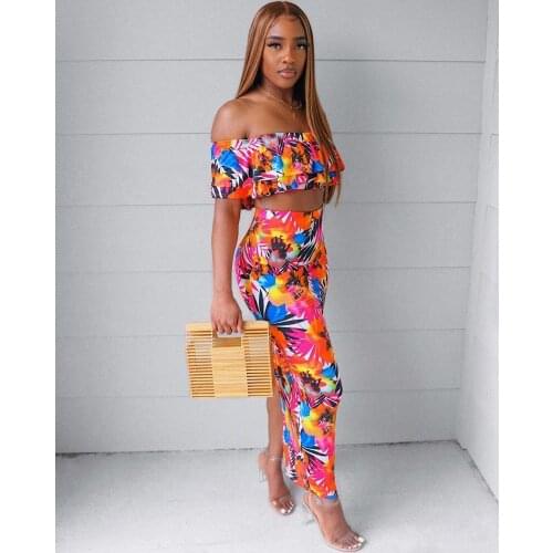 Floral Print Skirt set Slash Neck Off Shoulder Crop Tops & Slit Long Skirts Summer Beach party Casual 2 Piece set Outfits Women