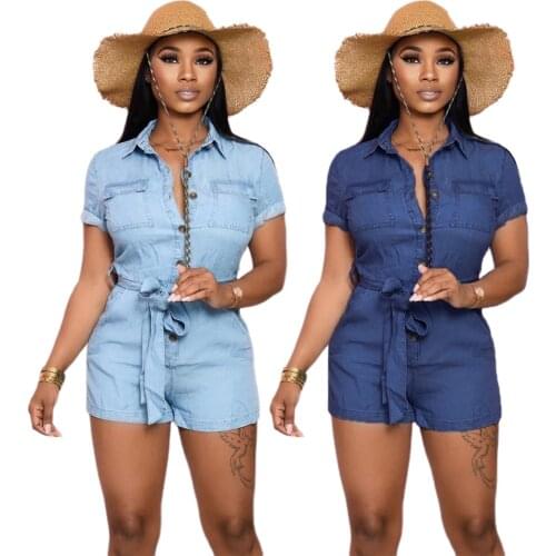 Womens solid color lapel denim short-sleeved jumpsuit loose casual short jumpsuit temperament jumpsuit