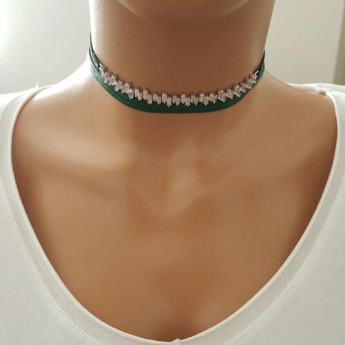 Choker Women NeckalceGreen Leather Women Choker 925 Sterling Silver Made in TURKEY