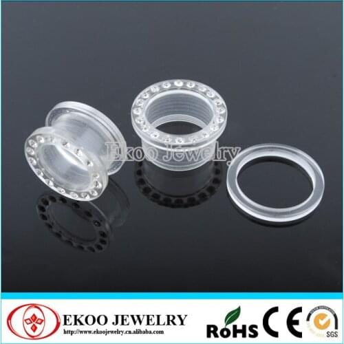 5mm-14mm Clear CZ Rim Acrylic Screw On Tunnel Body Jewelry Free Shipping
