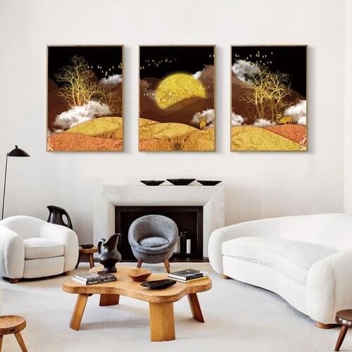 Abstract Mountain Poster Golden Reindeer Canvas Painting Asaka Wall Art Pictures For Living Roome Modern Home Decorative Prints