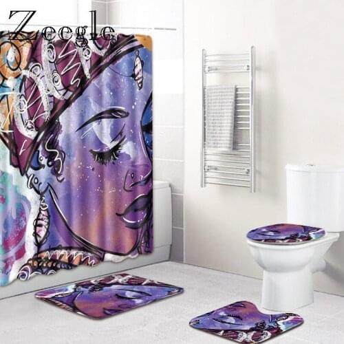 Africa Woman Printed Bath Mat and Shower Curtain Set Bathroom Decor Carpet Rug Microfiber Bath Foot Mat U-Shaped Toilet Rug Set