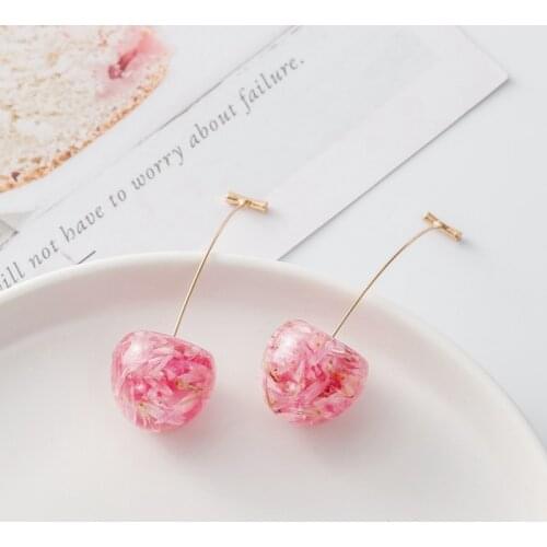Acrylic Cherry Beads Drop Earrings For Women Simple Style Cute Red Pink Cherry Petal Dangle Earrings Girl Sweet Fruit Jewelry