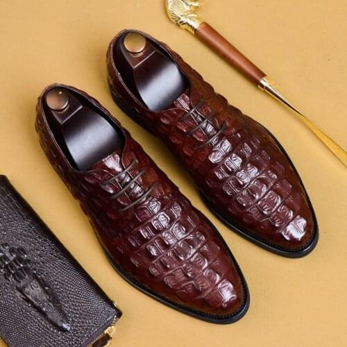 Brand Crocodile Pattern Genuine Leather Men Oxford Shoes Pointed Toe Men Dress Shoes Big Size Lace Up Formal Shoes
