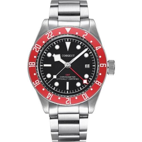 2021 Pilot Mens GMT Watch CORGEUT Sapphire Red Bezel Mechanical Automatic Military Sports Calendar Clock 316L Steel Belt Diver