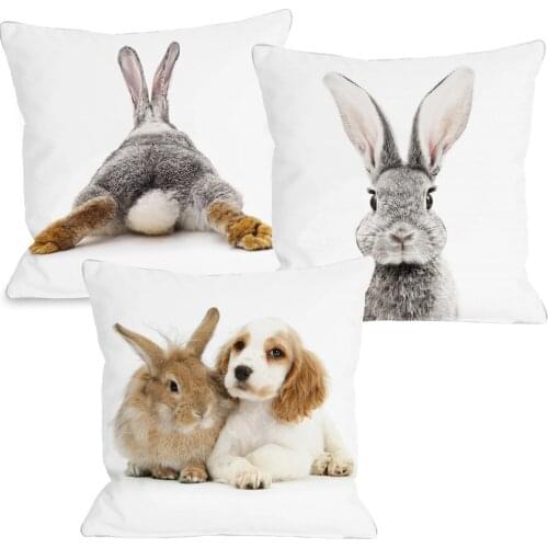 Rabbit Bunny Cushion Cover Cute Animals Dogs Cats Print Polyester White Pillow Case