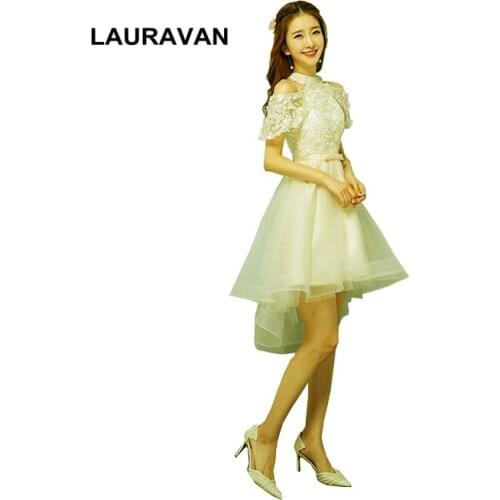 Champagne asymmetrical custom robe de mariee princesse 16 halter lace up back short front long back bridesmaid party dresses