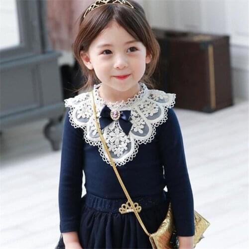 DFXD 2019 Spring Girl Tshirt Children Clothes Cotton Long Sleeve Lace Round Collar Princess Top Kids Shirts For 2-8Yrs