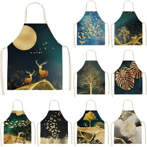 Golden Deer Butterfly Kitchen Aprons For Women Cotton Linen Bibs Household Cleaning Pinafore Home Cooking Apron 53*65cm WQL0190