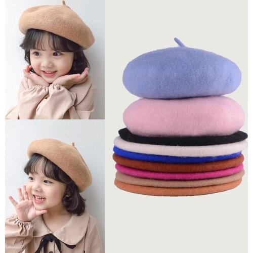 Ins 2021 Children Wool Beret Autumn Winter Retro Solid Color Princess Kids Cap 5-12y Baby Girls Hat Christmas Toddler Outfits