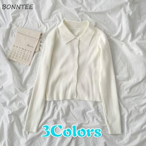 Cardigan Women Turn-down Collar Short Full Sleeve Solid Loose Korean Style Basic All-match Daily Trendy Leisure Female Sweaters
