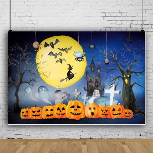 Laeacco Halloween Witch Pumpkin Lantern Horrible Dark Night Forest Black Castle Poster Photographic Background Photo Backdrops