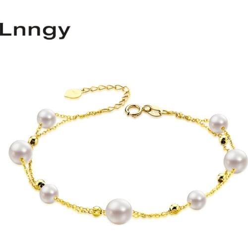Lnngy 18K Yellow Gold Bracelet Natural Freshwater Pearl Bracelet Female Elegant Pearl Pulsera Bracelet Jewelry Christmas Gifts