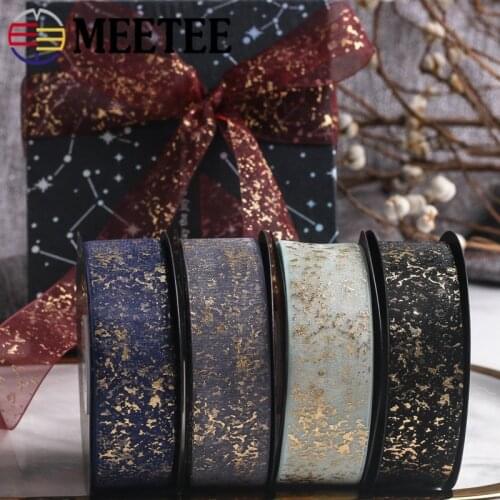 Meetee 2PC(1pc=19Y)25mm Polyester Bronzing Ribbon Christmas Tree Festival Decor Ribbons Trims DIY Party Gift Package LaceWebbing