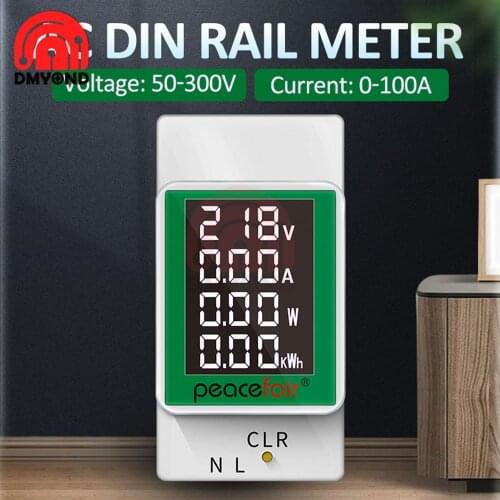 AC 50-300V/100A Digital Display Multifunctional Guide Rail Table Voltage Ammeter Tester BTN Wide View LCD Screen Built-in CT