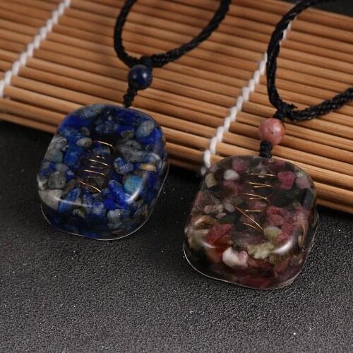 Natural Chip Gravel Crystal Oronge Pendant Necklace Lapis Lazuli Tourmalines Orongite Couples Pendule Healling Energy Jewelry