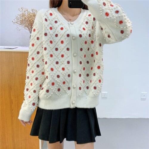 Embroidery Pearl Beaded Oversized Cardigan 2020 Autumn Winter Thick Warm Cardigan Sweater O-neck Single Breasted Knit Jacket