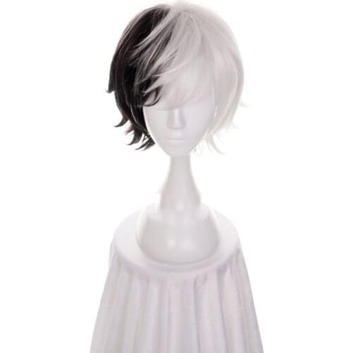 Anime Bungo Stray Dogs Kyuusaku Yumeno Cosplay Wig Short Half Black and White Heat Resistant Synthetic Hair Wigs + Wig Cap