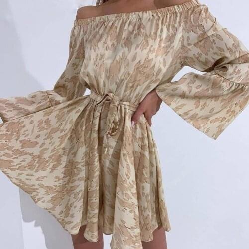 Casual Women Mini Dress Long Flare Sleeve Slash neck Printing Off Shoulder A-Line High Waist Elegant Dresses Party