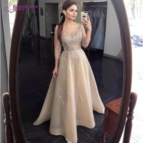 Luxury V-Neck Evening Dresses For Women 2021 A-Line Long Sleeves Sparkle Dubai Beading Formal Party Gown