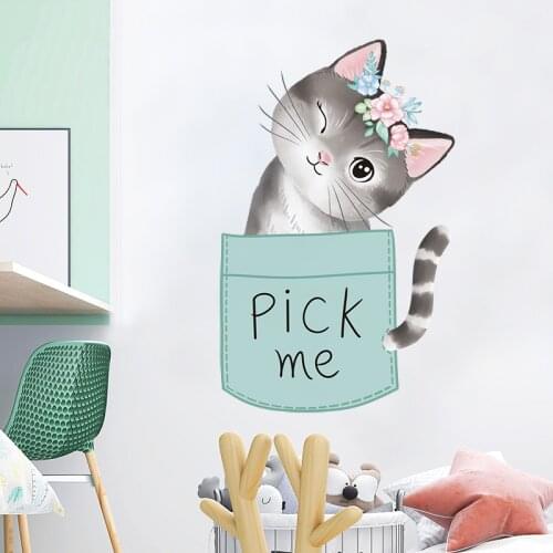 Cartoon Pocket Cat Wall Stickers Room Decoration Kids Room Decor AestheticTeenager Art Wall Decals Self-adhesive Wallpaper