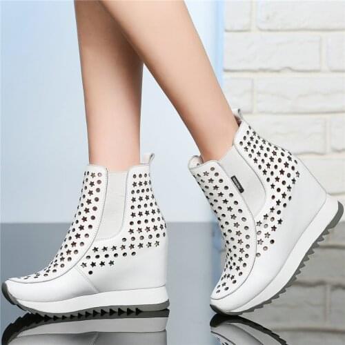 Punk Creepers Women Hollow Genuine Leather Wedges High Heel Gladiator Sandals Female Summer High Top Round Toe Fashion Sneakers