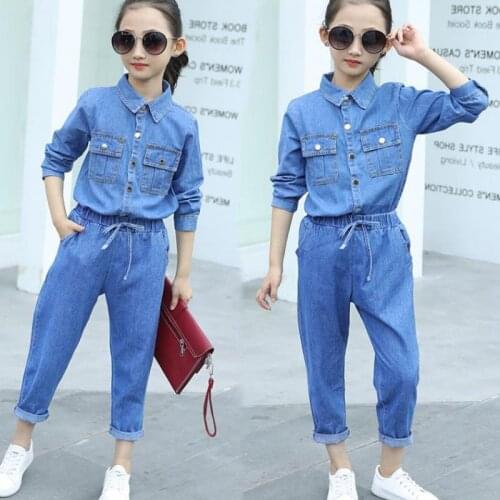 Girls Pants Two-Piece Long 2021 Spring Autumn New Denim Jacket Single-Breasted Long-Sleeved Baby Clothing 4-15 Years Old