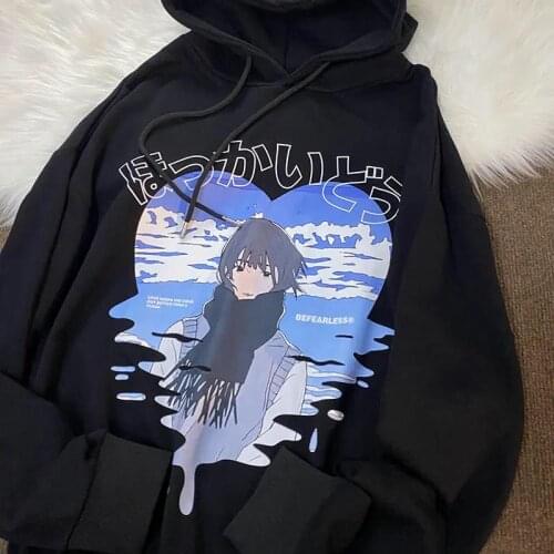 Japanese Fashion Kanji Anime Printed Hoodie Sweatshirt Women Kawaii Clothes for Teens 2021 Autumn New Fashion Harajuku Pullovers