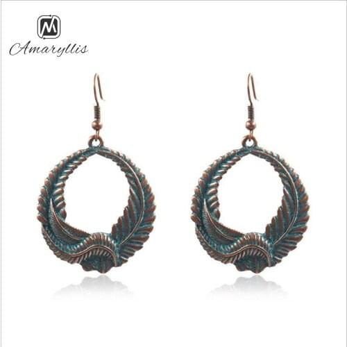 Amaiyllis Vintage Leaves Circle Pendant Earrings For Women Ethnic Hollow Geometric Round Dangle Earrings Gypsy Alloy Earrings