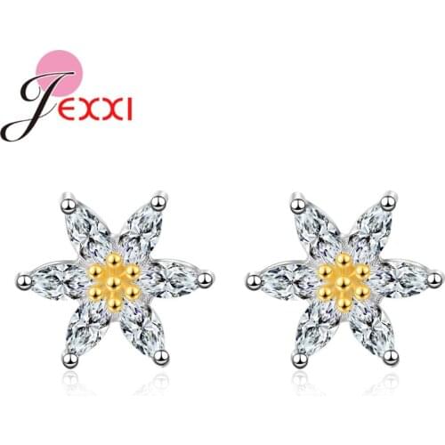 New Design 925 Sterling Silver Piercing Women Flower Cubic Zircon Wedding Stud Earrings Metal Korean Breif Ear Bijoux Gift