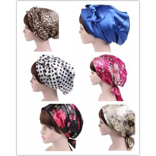 Women Fashion Sleeping Bonnet Cap Soft Pure Silk Sleepp Print Flower Hats Hair Care Wrap Female Night Cap