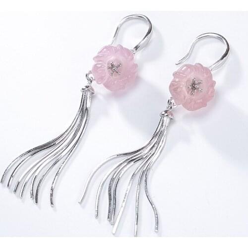 Elegance Tassels Female Earrings 2018 New Fashion Rose Quartz 100% 925 Sterling Silver Natural Stone Hollow Earrings Jewels