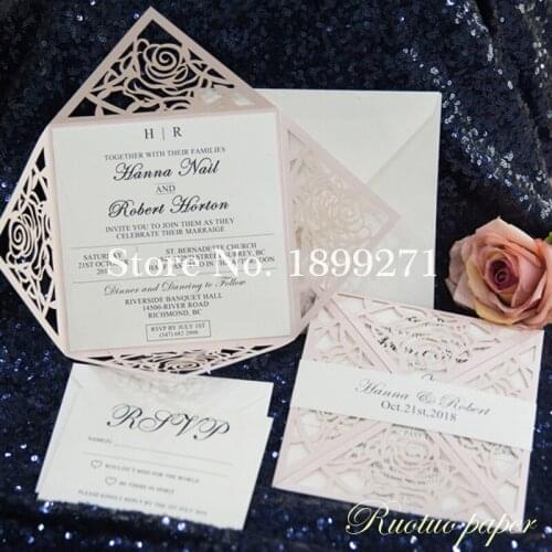 Freeshipping Classic Unique Blush light Pink Rose Laser Cut Wedding Invitation Suite Free design/ printing text 24 colors