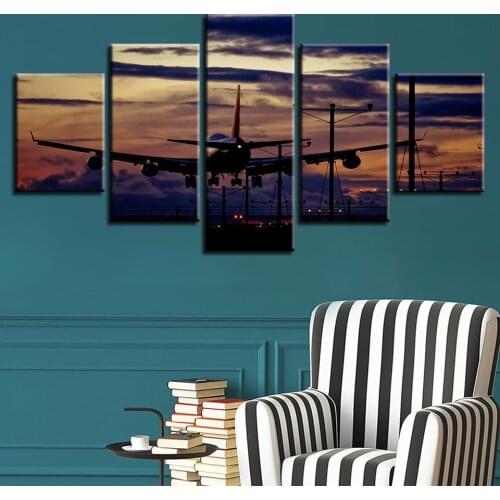 Large passenger plane landing under suns Canvas HD Prints Posters Home Decor Wall Art Pictures 5 Pieces Art Paintings No Frame