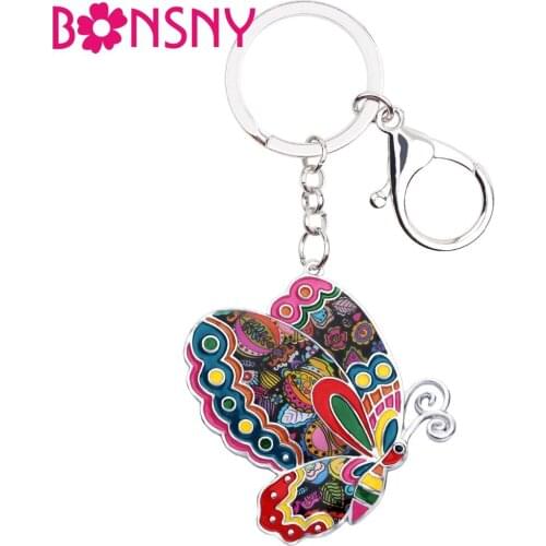 Bonsny Enamel Alloy Butterfly Key Chain Keychains Ring Fashion Insect Jewelry For Women Girls Gift Handbag Car Pendant Wholesale