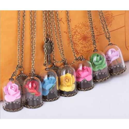 One piece fashion bottle pendant diy imitation mix color flower glass bottle with key charms necklace xy396