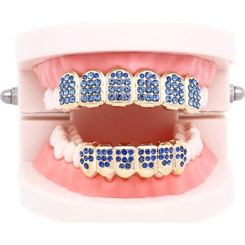 Hip Hop Iced Out Grillz Top & Bottom Teeth Grillz Colorful Punk Grills Dental Gold Tooth Caps Rapper Jewelry Rhinestone Grillz