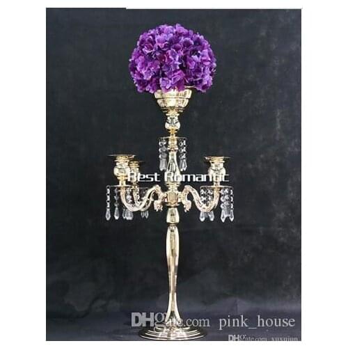 Elegant 5 arms Metal Candle Holder Gold/Silver Plated Candlestick Crystal Table Candelabras Home Hotel Wedding Centerpieces Deco