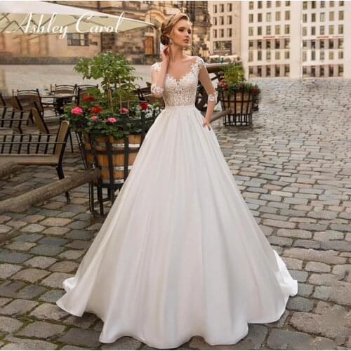 Ashley Carol Satin A-Line Wedding Dress 2020 Elegant V-neck Lace Appliques Illusion Half Sleeve Bridal Gown Vestido De Noiva