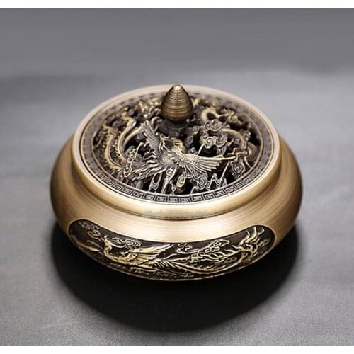 Chinese Dragon Phoenix embossment Coils incense Pure Brass Copper burner Buddhism supplies antique incense burner incensory