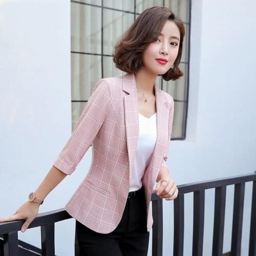 Plaid Autumn Plus Size Cotton Linen Blazer Women Office Lady Suit Single Breasted Business Female Blazer Coat Casual Chic Jacket