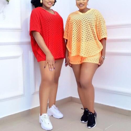 African Ladies Causal Shorts Sets Summer 2021 Solid Hollow Out Loose Fashion High Street Wear Outfits Two Pieces Matching Sets