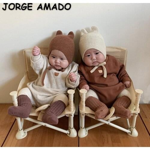 2021 Hot Sale New Autumn Baby Girls Boys Bodysuit Striped Round Collar Cartoon Bear Long Sleeves Jumpsuit Newborn Clothes E2227