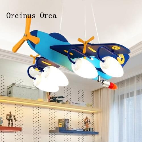 Cartoon Creative Blue Aircraft Chandelier Boys'Bedroom Childrens Room Lamp American Simple LED Solid Wood Fighter Chandelier