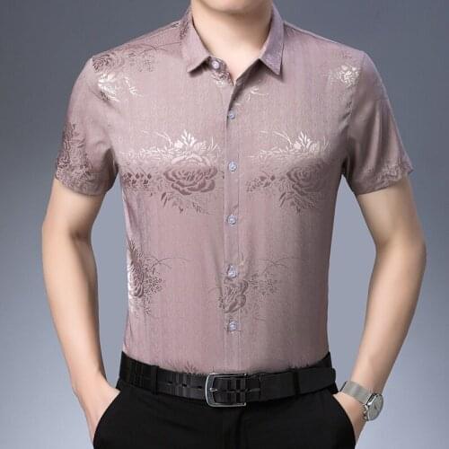 Summer New Fashion Floral Mens Silk Shirt Elegant Male Silk Clothes Short Sleeve Silk Dress Shirts