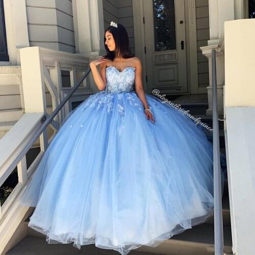 Sky Blue Foral Lace Quinceanera Dresses Sweetheart Beaded Lace Up Evening Party Sweet 16 Dress Ball Gown Prom Dress