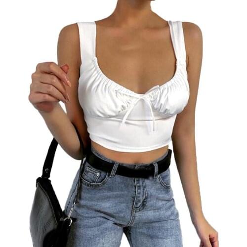 New Stylish Sexy Women Solid Color Bowknot V Neck Sleeveless Wide Strap Crop Top Camisole Streetwear Tops